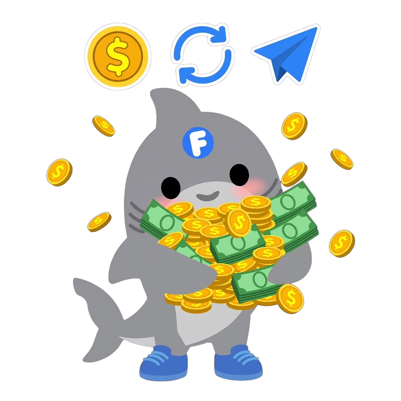 GroupBlaster 鯊魚吉祥物抱著一堆現金，上方有硬幣、經常性佣金循環與分享連結